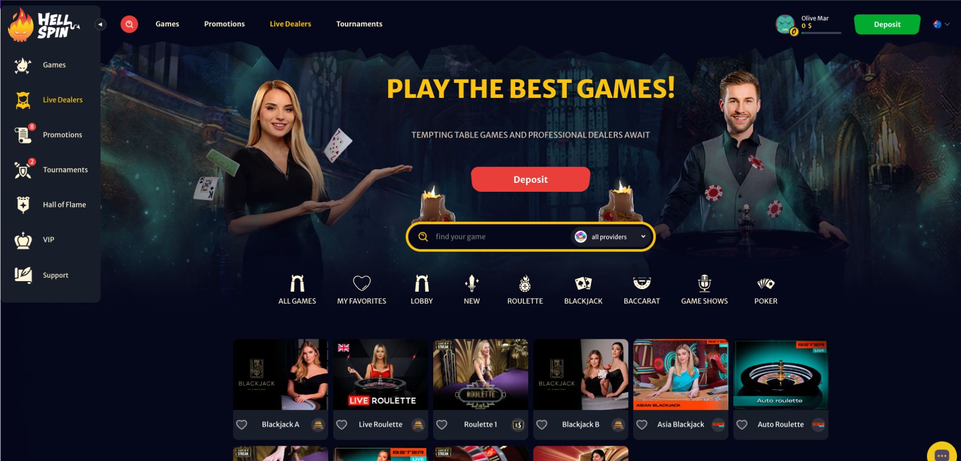 Hell Spin Casino Live Dealer Lobby