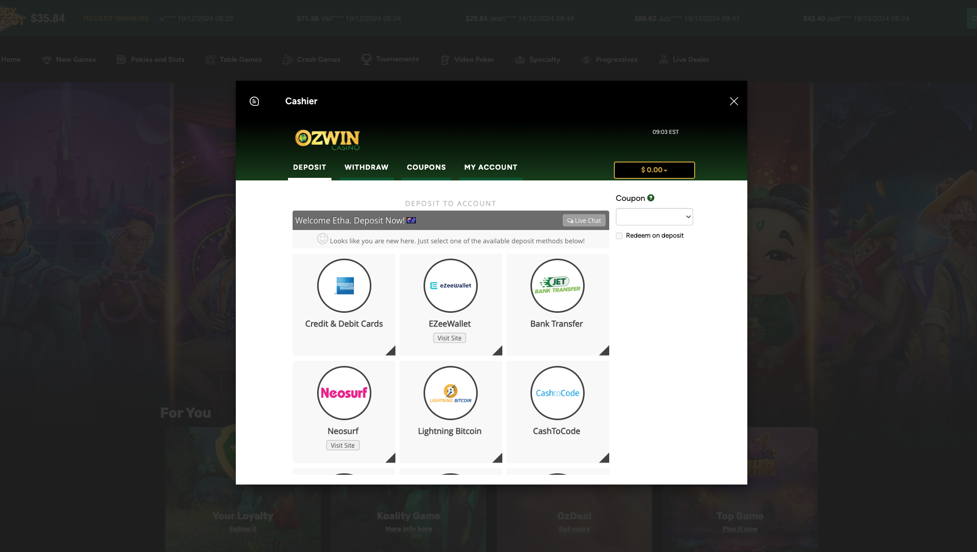 Ozwin Cashier Page