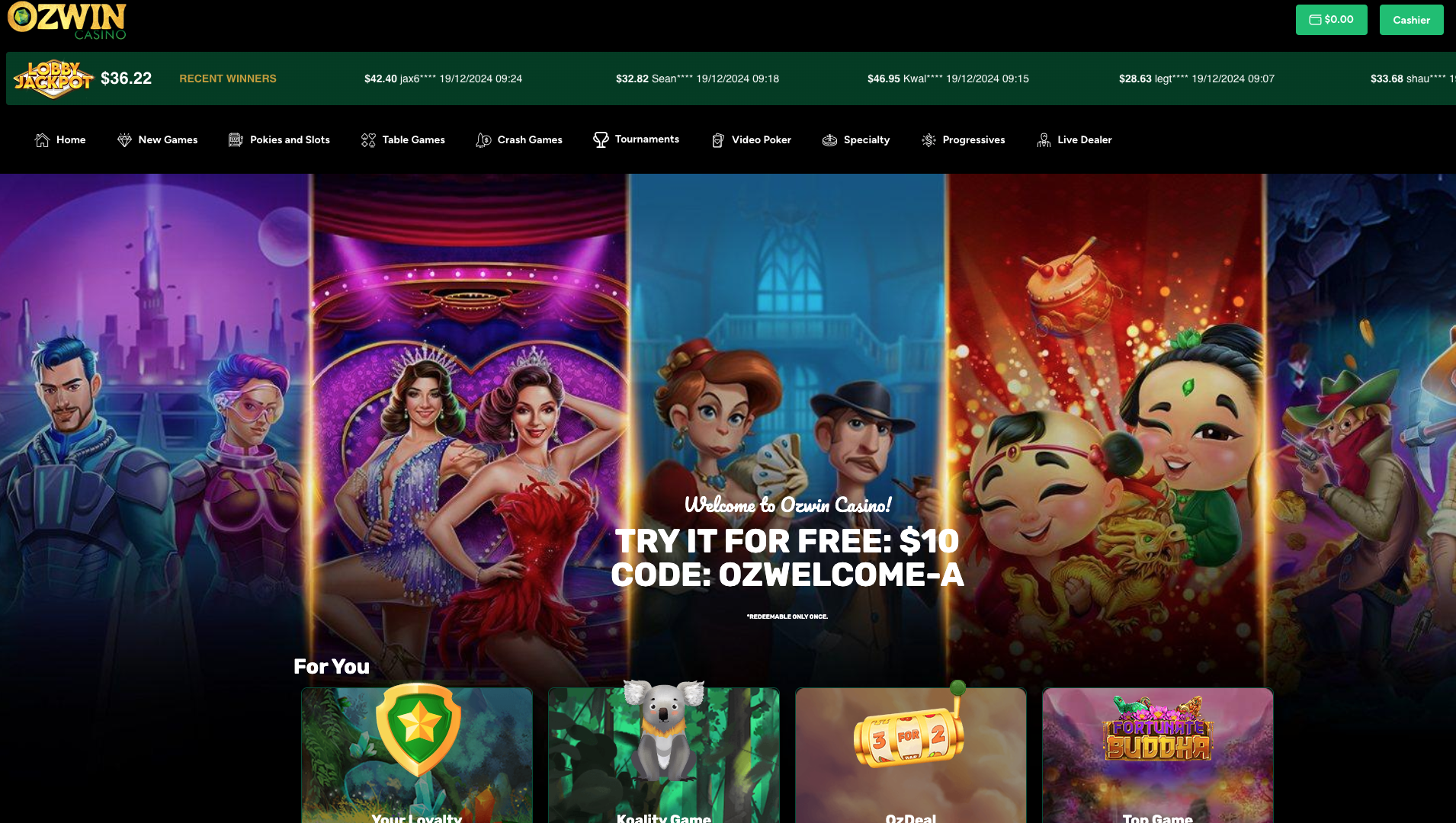 Ozwin casino homepage