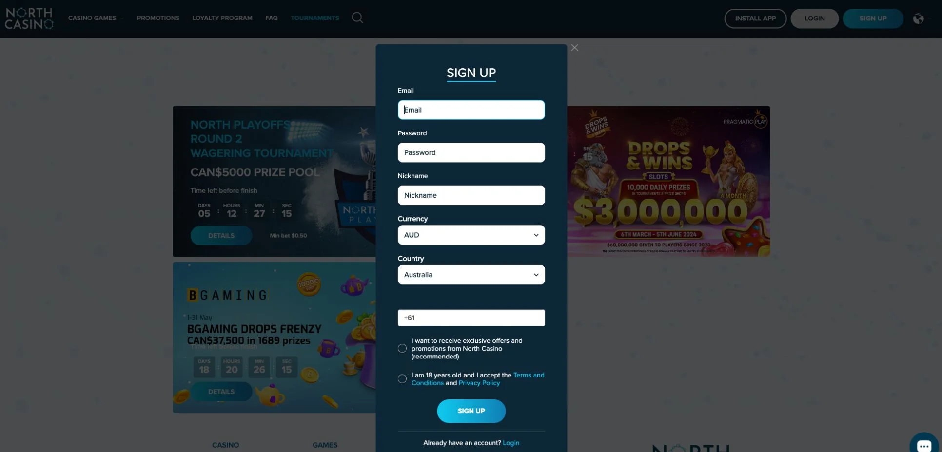 North Casino signup process in Australia