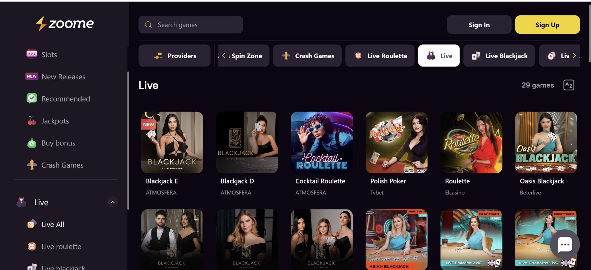 Zoome Live Casino Lobby