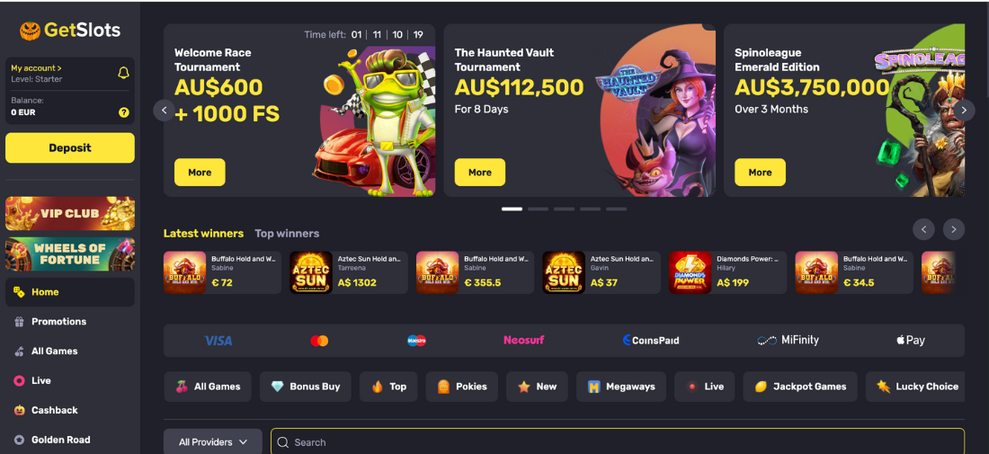 GetSlots Casino Homepage