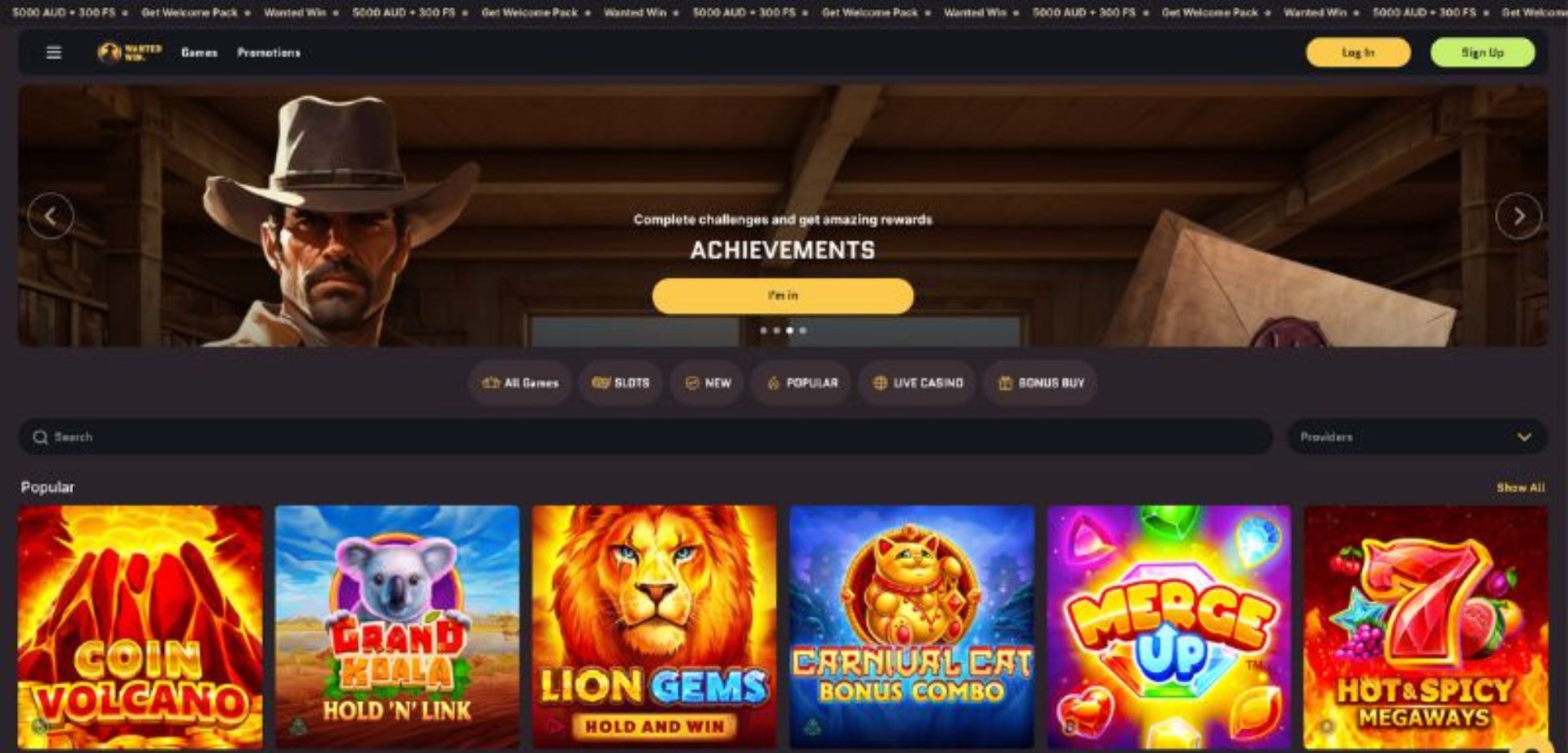 Wanted Win Casino Homepage