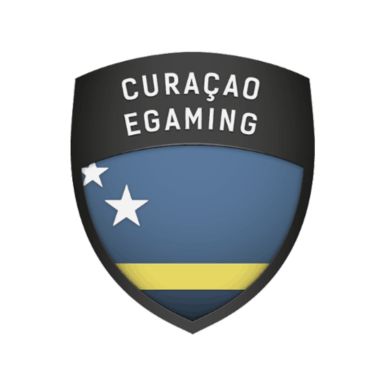 Logo for curacao egaming featuring a black and blue shield with white stars and a gold banner