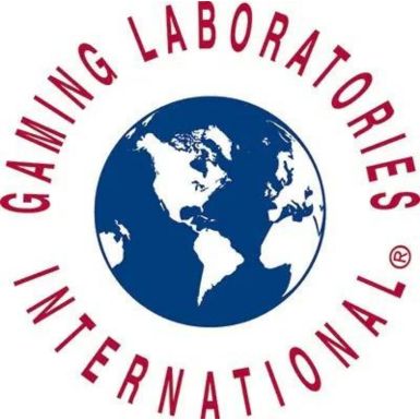 Gaming Laboratories International Logo with red text circling a blue and white image of the globe on a white background