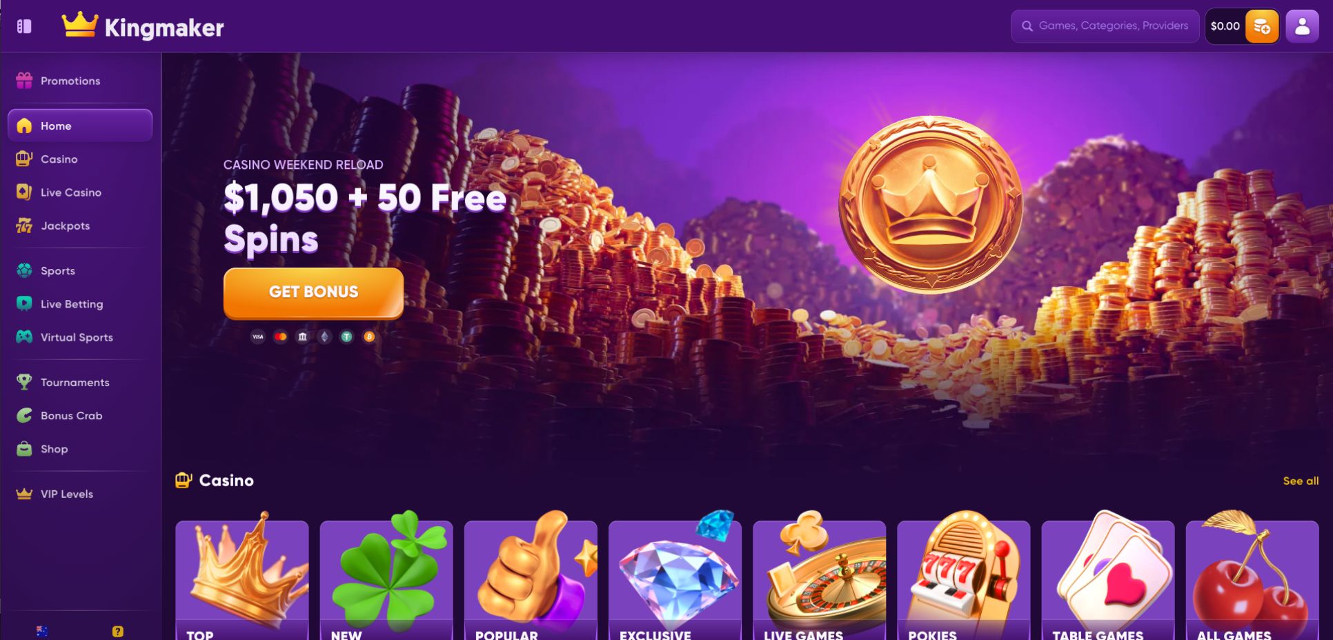 Kingmaker Casino Home Page