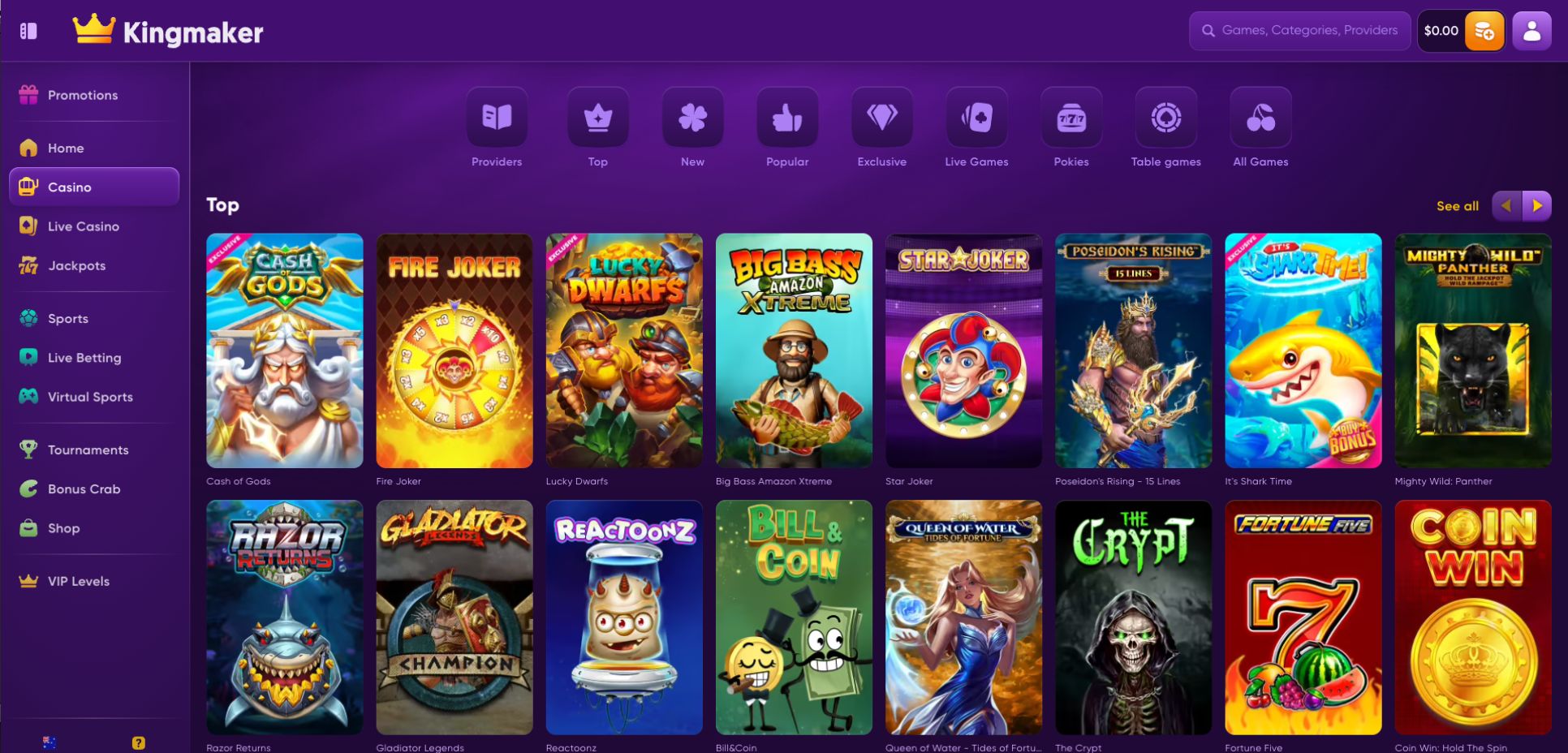 Kingmaker Casino Top Games