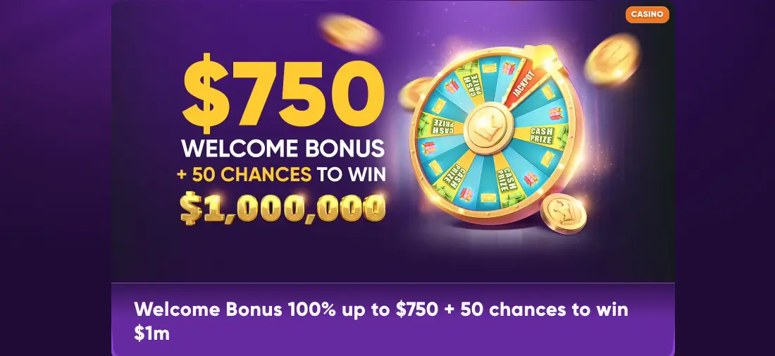 Kingmaker welcome bonus with a green and gold prize wheel on a purple background