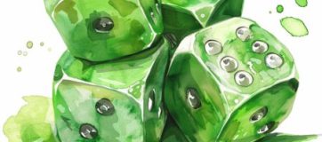 A watercolour painting of four green dice on a white background