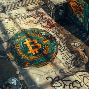 A graffiti image of a green and gold bitcoin logo painted on a wall surrounded by other graffiti