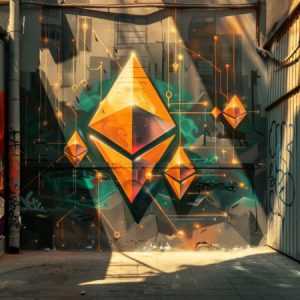 Graffiti image of the ethereum logo in green and gold painted on an industrial wall surrounded by other graffiti.