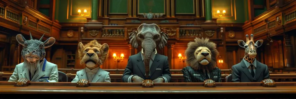 Cartoon animals dressed in suits sitting in a courtroom setting