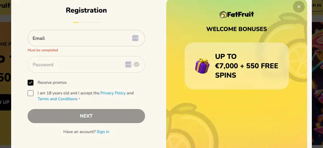 FatFruit Signup Step 1