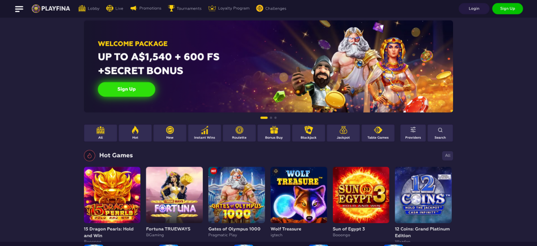 Playfina Casino Homepage