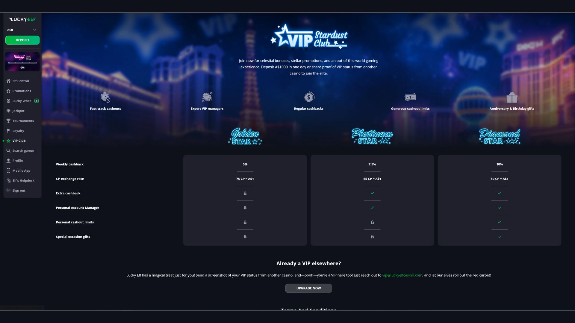 Lucky Elf Casino VIP Page
