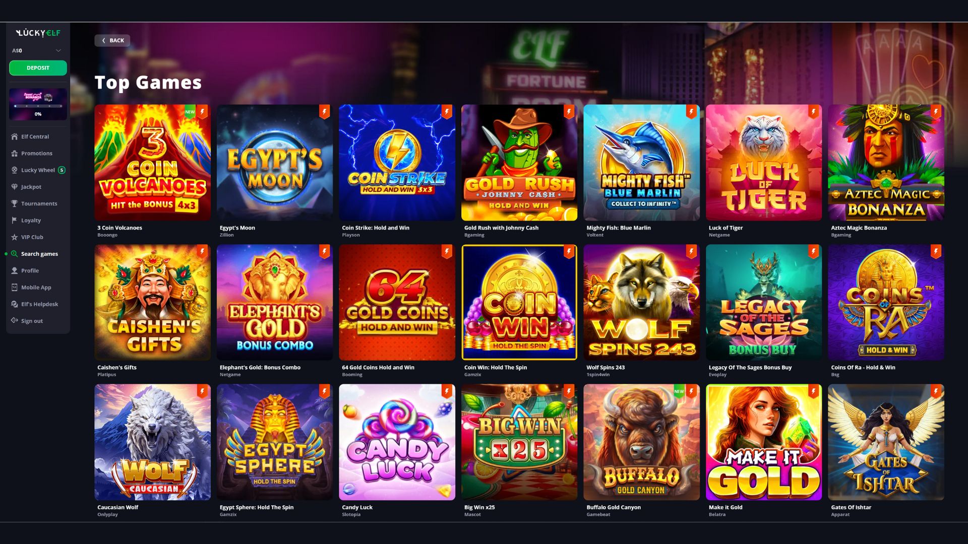 Lucky Elf Casino Slots Page