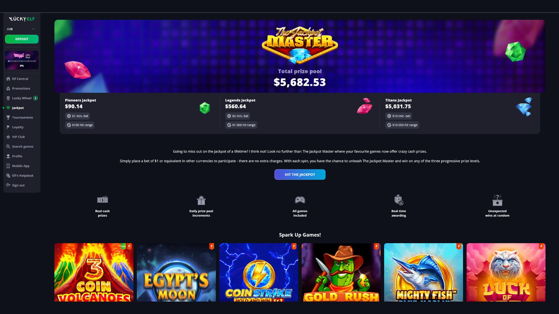 Luck Elf Casino Jackpot Page