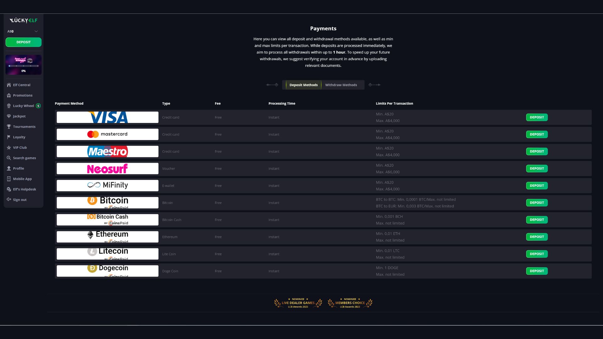 Lucky Elf Casino Deposit Methods